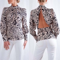 Sexy Backless Long Sleeve Mock Neck Printed Top 