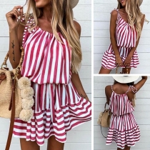 Sexy Off-shoulder Elastic Waist Sling Striped Dress