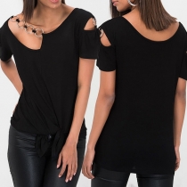 Sexy Off-shoulder Short Sleeve Knotted Hem T-shirt