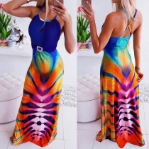 Sexy Backless High Waist Printed Sling Maxi Dress