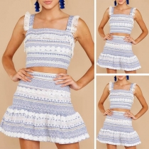 Sexy Backless Sling Printed Crop Top + Skirt Two-piece Set 