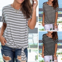 Fashion Oblique Shoulder Short Sleeve Lace-up Hem Striped T-shirt 