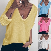 Fashion Solid Color Long Sleeve V-neck T-shirt