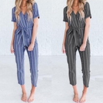 OL Style Short Sleeve V-neck High Waist Striped Jumpsuit
