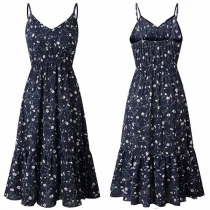 Bohemian Style Backless V-neck Sling Printed Dress