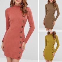 Fashion Long Sleeve Mock Neck Front-button Knit Dress