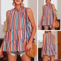 Fashion Sleeveless Round Neck Colorful Striped Top
