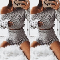 Sexy Oblique Shoulder Long Sleeve Knit Top + Shorts Two-piece Set 