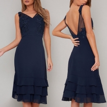 Sexy Backless Sleeveless V-neck Lace Spliced Dress