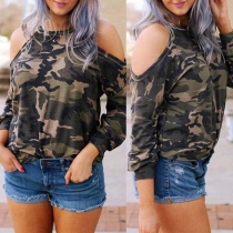 Sexy Off-shoulder Long Sleeve Camouflage Printed T-shirt