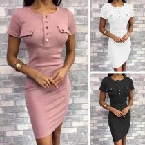 Fashion Solid Color Short Sleeve Round Neck Slim Fit Dress