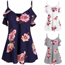 Sexy Backless V-neck Ruffle Printed Sling Top