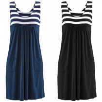 Fashion Sleeveless Round Neck Striped Spliced Dress