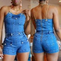 Sexy Backless Slim Fit Chain Sling Denim Romper 