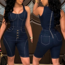 Fashion Sleeveless Round Neck Slim Fit Denim Romper 