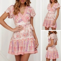 Fashion Short Sleeve V-neck Printed Dress