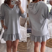 Fashion Solid Color Long Sleeve Ruffle Hem Hooded Dress