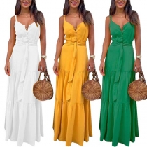 Sexy Backless V-neck High Waist Solid Color Sling Maxi Dress