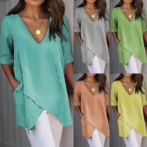 Fashion Half Sleeve V-neck Irregular Hem T-shirt 