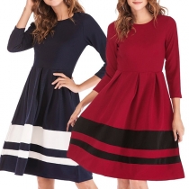 Fashion 3/4 Sleeve Round Neck Contrast Color Dress