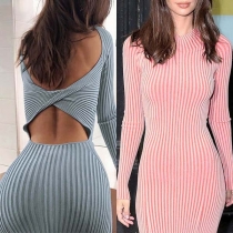 Sexy Backless Long Sleeve Round Neck Striped Tight Dress