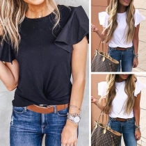 Fashion Lotus Sleeve Round Neck Irregular Hem Top 