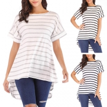 Fashion Short Sleeve Round Neck High-low Hem Striped T-shirt 