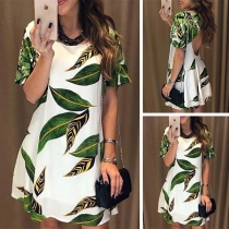 Fashion Short Sleeve Round Neck Leaf Printed Dress