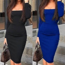 Elegant Solid Color Long Sleeve Square Collar Slim Fit Dress
