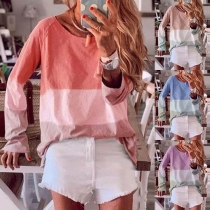 Fashion Long Sleeve Round Neck Contrast Color Loose T-shirt 