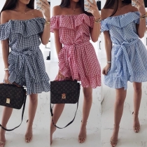 Sexy Off-shoulder Boat Neck Ruffle Plaid Dress