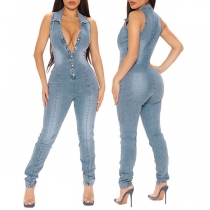 Fashion Sleeveless POLO Collar High Waist Slim Fit Denim Jumpsuit