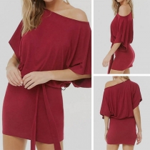 Sexy Oblique Shoulder Short Sleeve Solid Color Dress