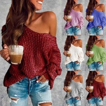 Sexy Oblique Shoulder Long Sleeve Solid Color Sweater