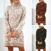 Fashion Long Sleeve Turtleneck Leopard Printed Sweater Dress