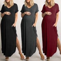 Fashion Short Sleeve V-neck Slit Hem Maternity Dress