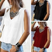 Fashion Solid Color Sleeveless V-neck Loose Top 