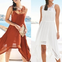 Fashion Sleeveless Round Neck Irregular Hem Lace Spliced Dress