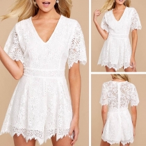 Fashion Short Sleeve V-neck High Waist Lace Dress