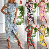 Fashion Short Sleeve Round Neck SLit Hem Printed Dress  