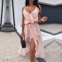 Sexy Backless V-neck Slit Hem Ruffle Sling Dress