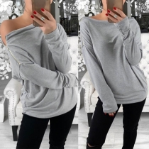 Fashion Solid Color Long Sleeve Boat Neck T-shirt 