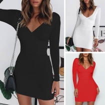 Sexy V-neck Long Sleeve Solid Color Tight Dress