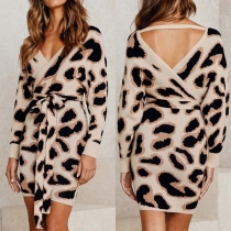 Sexy Backless V-neck Long Sleeve Leopard Printed Dress