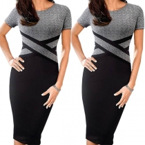 OL Style Short Sleeve Round Neck Contrast Color Slim Fit Dress  