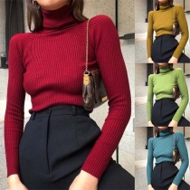 Fashion Solid Color Long Sleeve Turtleneck Knit Top 