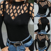 Sexy Hollow Out Long Sleeve Rhinestone Spliced T-shirt