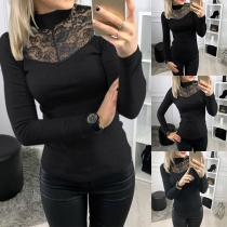 Sexy Lace Spliced Long Sleeve Mock Neck Slim Fit Top   