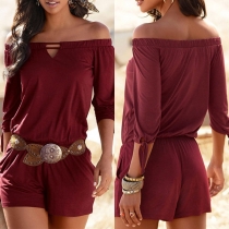 Sexy Off-shoulder Boat Neck Half Sleeve Solid Color Romper(Without Belt)