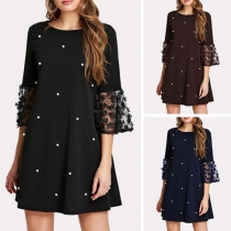 Fashion Lace Spliced half Sleeve Round Neck Loose Beaded Dress